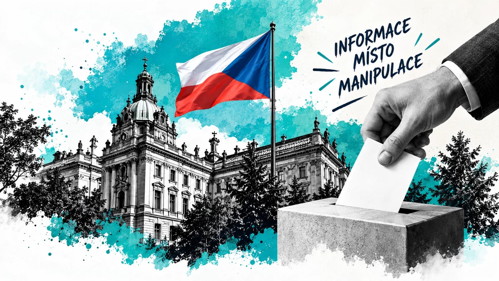 Ilustrace: česká vlajka nad budovou parlamentu a ruka vhazující hlasovací lístek do urny, s nápisem „Informace místo manipulace“.